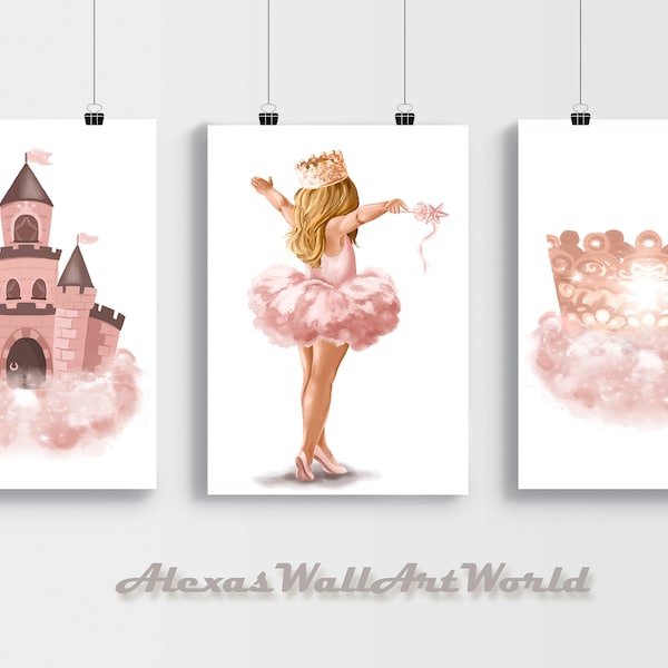 3er Set Prinzessin Ballerina Drucke, Blonde Fee Wand Kunst druckbar, kleine Prinzessin Fee Mädchen DIGITAL Art Print, Ballerina Themen Schlafzimmer