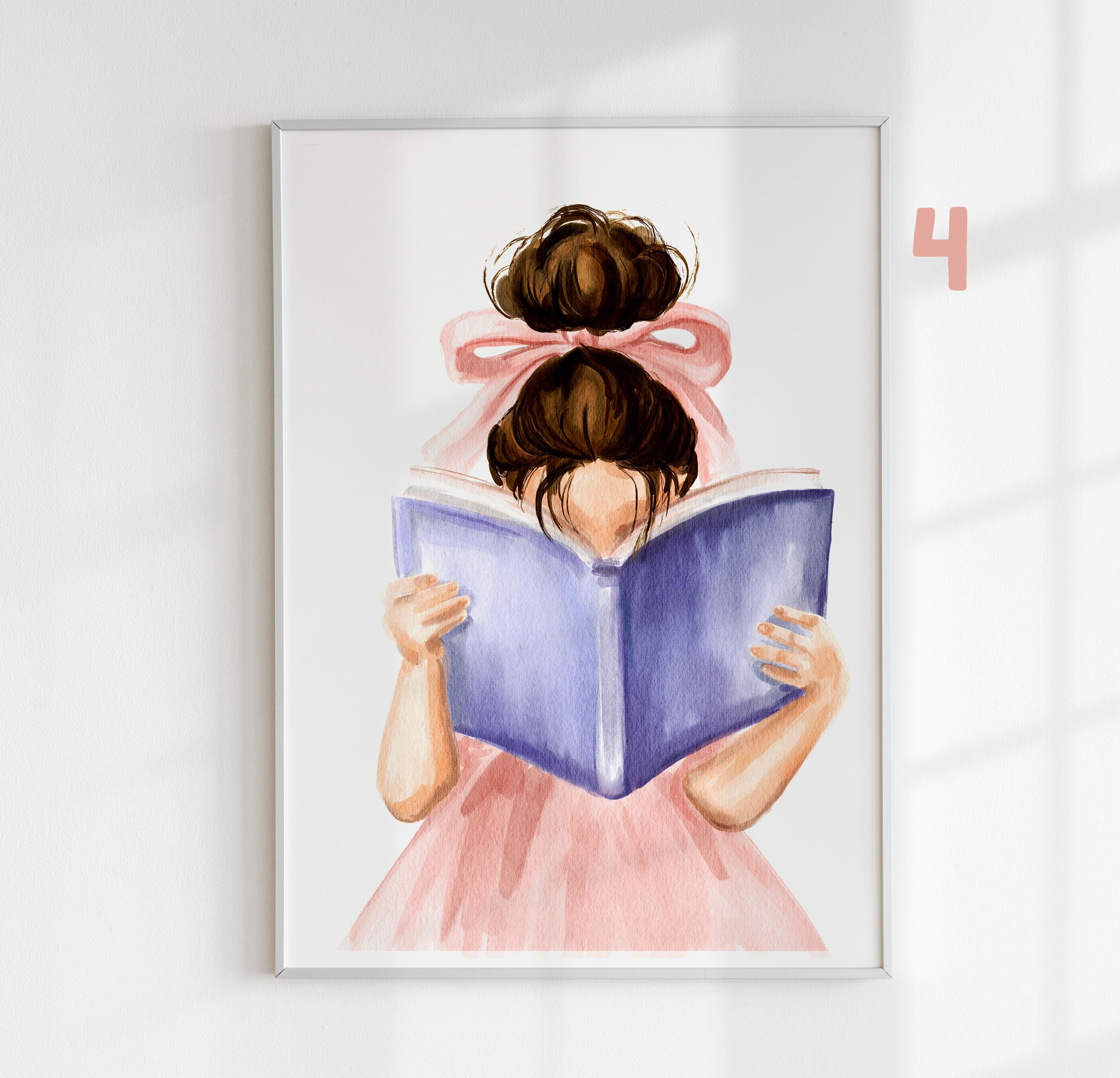 Stampa Su Tela Per Camera Bambini – Bambina Con Capelli Castani, Fiocco Rosa E Libro, 40,6x61 Cm, Arte Da Parete Pastello - 3