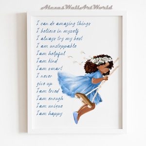 Affermazioni positive per bambine, arte murale per la cameretta dei bambini con principesse, bambina sull'altalena, regalo perfetto per la camera da letto blu dei bambini, opera d'arte personalizzata per bambine