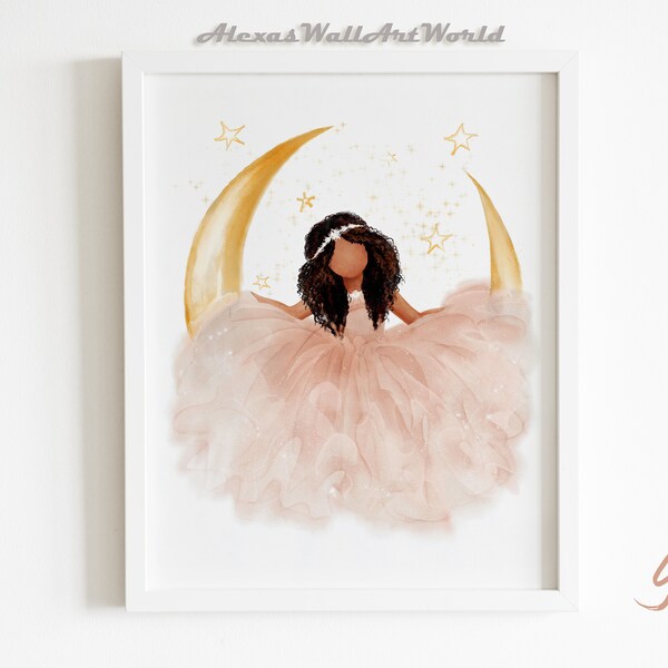 Moon and Stars Girl Nursery Decor, Moon Princess Print, Personalized Name Wall Art, Custom Hair Skin Tone, Princess on the Moon Print