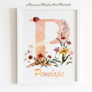 Watercolor Initial Poster, Personalized Child Name Printable, Nursery Name Sign, Lady Bug Art, Floral Nursery Print, Newborn Gift