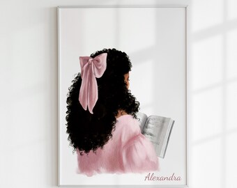 Black Girl Reading Art Print, Afro-Amerikaans kind, girly pastelkamerdecor (digitale download)
