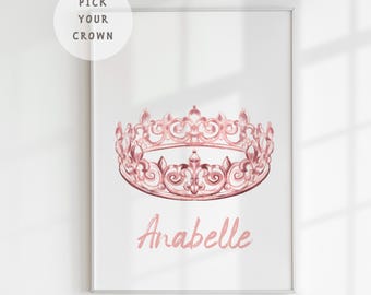 Personalized Princess Crown Print, Rose Gold Princess Nursery Decor, Museum Quality Paper