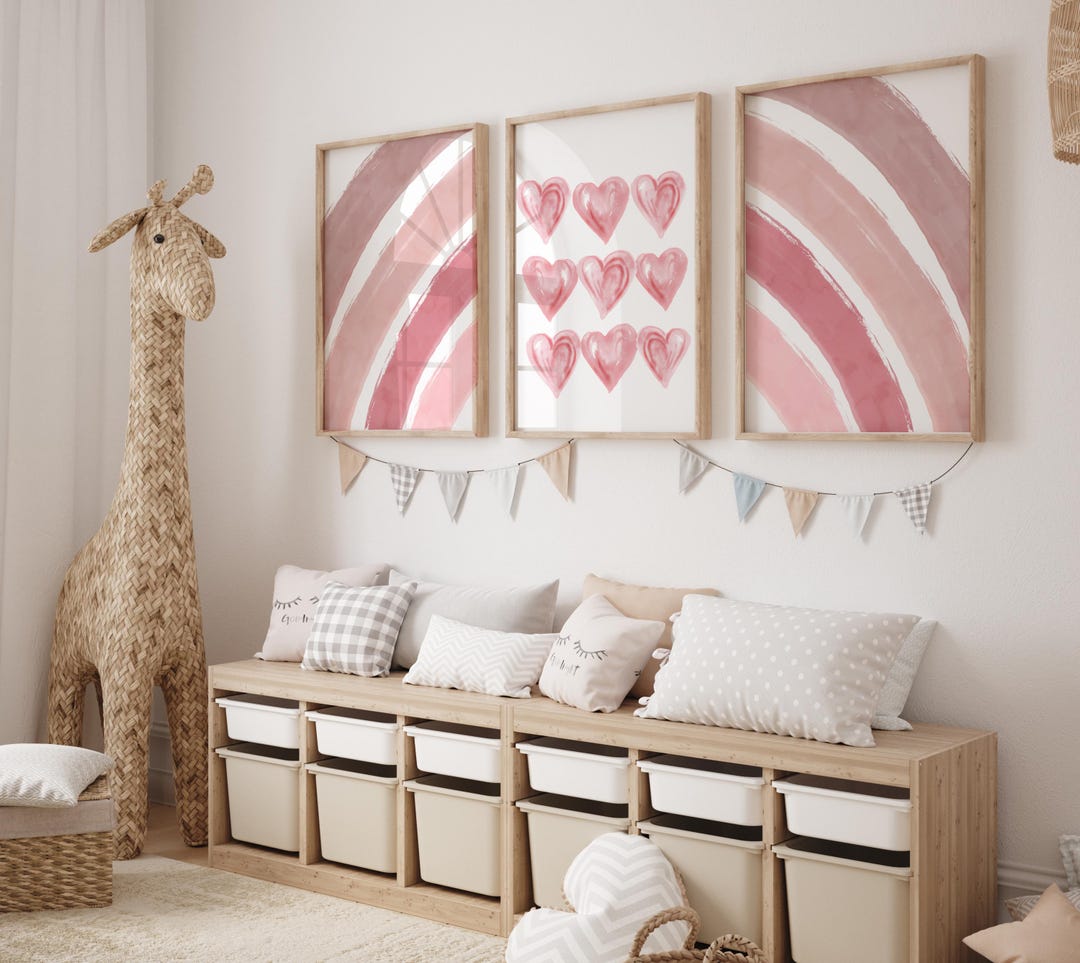 Pink Rainbow Hearts Wall Art Set: Boho Nursery Decor (digital Download ...