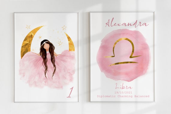 Zodiac Wall Art Set of 2 Girl on the Moon Print Personalized 