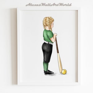 Little Softball Baseball Player Wall Art, Custom Hair and Skin Color, Sports Nursery Art, Softball Gift Idea, DIGITAL