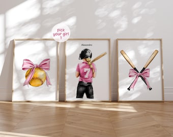 Custom Name Softball Print Set, Softball Gifts for Girls, Coquette Sports Nursery Art
