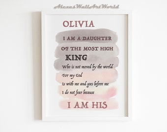 Spersonalizowany wydruk wersetu biblijnego, Córka Króla, Dekoracja pokoju dziecięcego (cyfrowy)