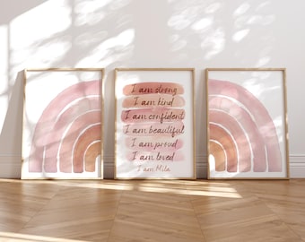 Personalised Name Positive Affirmations Set, Abstract Rainbow, Girl Nursery Decor (Digital)