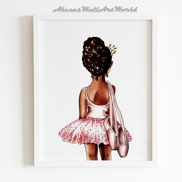 Schwarze Ballerina Wandkunst, Afro Natürliches Haar Ballett Druck, Afroamerikanische Kunst, Ballerina Kinderzimmer Wand Kunst, Blush Pink Ballerina