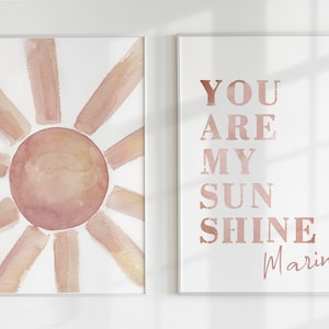 You are My Sunshine Personalised Wall Art, Set of 2 Boho Nursery Watercolor Sun Prints, Baby Shower Gift Idea, Sunshine Prints, DIGITAL