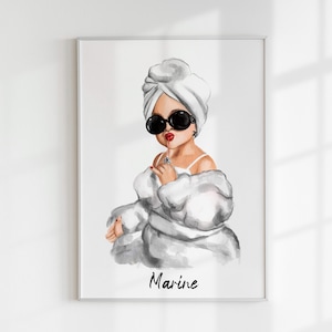 May include: A watercolor illustration of a girl wearing a white towel on her head and sunglasses. She is holding a red lipstick and has a white fluffy robe on. The illustration is titled "Marine".
