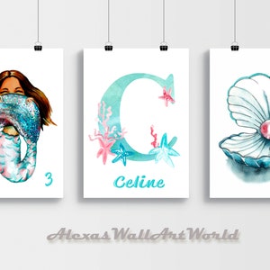 Arte da parete in 3 pezzi, set di 3 stampe con nome personalizzato sirena, cartello con nome personalizzato, stampa conchiglia sirena, arte iniziale monogramma, DIGITALE