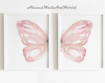 Watercolor Butterfly Wall Art Set of 2 Prints, Nursery Decor Girl, Girls Bedroom Wall Art, Pink Butterfly, Butterfly Ornament Farmhouse