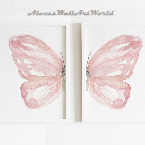 Watercolor Butterfly Wall Art Set of 2 Prints, Nursery Decor Girl, Girls Bedroom Wall Art, Pink Butterfly, Butterfly Ornament Farmhouse