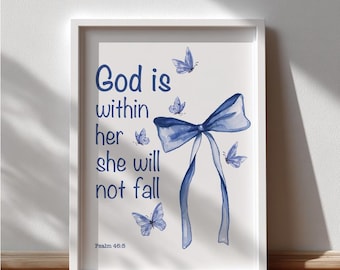 Coquette blauwe strik christelijke muurkunst, Be Strong Quote, bijbelvers slaapzaalposter, digitaal