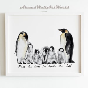 Custom Name Penguin Family Wall Art Printable, Penguin Family Names Print, Penguin Watercolor Painting, Mothers Day Present, Penguin Gift