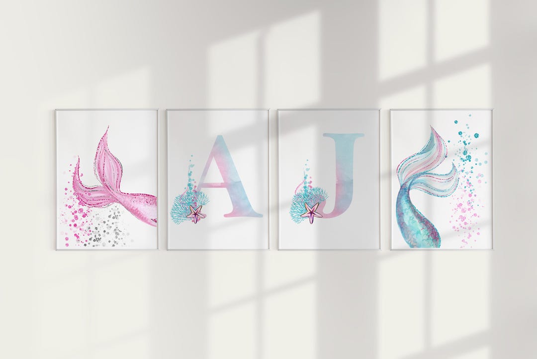 Personalized Mermaid Initial Print Set: Watercolor Nursery Decor ...
