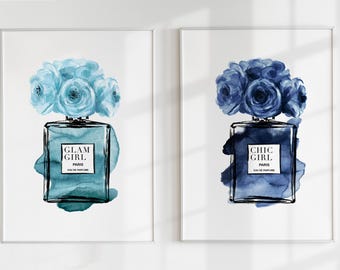 Blue Chic & Glam-parfumprint set van 2, pioenrozen luxe fashion tienerposter (digitaal)
