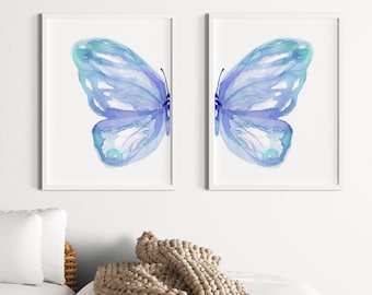 Watercolor Butterfly Split WingsPosters, Blue Green Nursery Decor, Teen Dorm Print (Digital)
