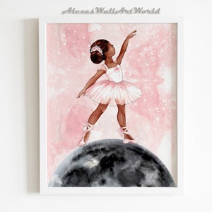 African American Ballerina On The Moon Wall Art, Black Ballerina Art, Afro Natural Hair Ballet Print, Space Themed Girls Nursery Decor