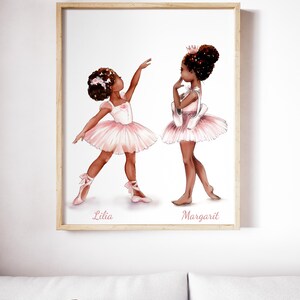 Black Ballerina Sisters Wall Art Personalized Name Ballet Girls Shared Nursery Decor African American Ballerina Print Digital Download