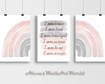 Rainbow Affirmation Art Prints, Blush Pink Nursery Decor (Digital Download)