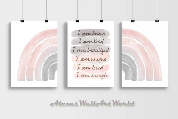 Rainbow Set of 3 Prints, Positive Affirmation Art, Watercolor Rainbow Art, Personalized Name Affirmation, Blush Pink Toddler Bedroom Art,