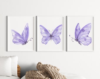 Set aquarel paarse vlinder 3, decor meisjeskamer (digitale download)