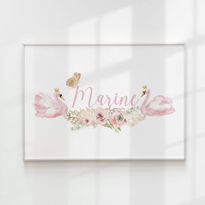 Benutzerdefiniertes Kinderzimmer Namensschild, Baby Name Print, Aquarell Blumen Schmetterling, süßes Schwan Kinderzimmer Dekor, personalisiertes Namensschild Mädchenname Poster