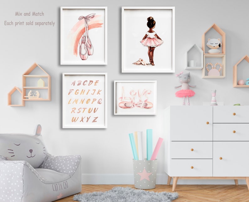 Impresión de vivero de bailarina, arte de pared de bailarina rosa rubor, cartel de dormitorio de niña pequeña bailarina rubia, decoración de vivero de acuarela suave neutra imagen 6