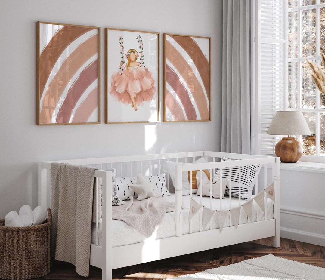 Set of 3 Princess Nursery Prints, Watercolor Rainbow Wall Art, Girl on ...