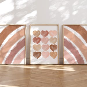 Set of 3 Beige Rainbow and Hearts Wall Art Set, Boho Nursery Decor, Blush Modern Girl’s Room Art, Digital Downloads or Hight Quality Print