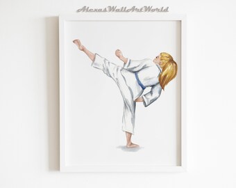 Impresión personalizada de acuarela de Karate Girl, arte mural de Karate Kid (descarga digital)