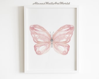 Butterfly Print Nursery Decor Girl, Watercolor Pink Butterfly Art Print, Butterfly Ornament Farmhouse Decor, Toddler Girl Bedroom Poster