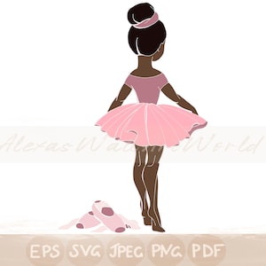 アフリカ系アメリカ人バレリーナ SVG、バレエ カット ファイル、バレリーナ クリップアート DIY、小さなダンサーのシルエット、黒人バレリーナ SVG Pdf Eps Png Jpeg DXF