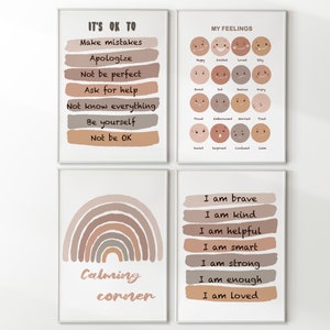 Set van 4 kalmerende hoekafdrukken, mijn gevoelensgrafiek, het is oké om niet oké te zijn, positieve bevestiging kunst aan de muur, klasdecor, Montessori kunst