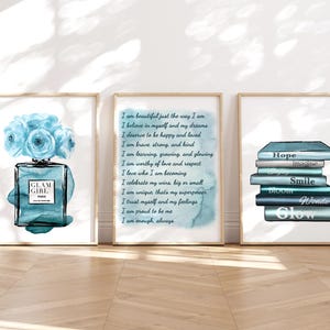 Blågrönt modetryck med 3 tryck, glamourposter för småbarn: parfym, böcker, affirmationer (digital nedladdning)