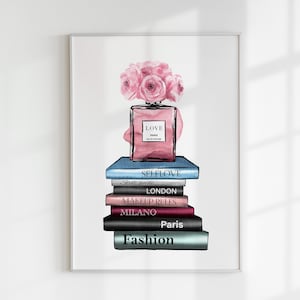 Pink Fashion Book Stack Print, Peonies Perfume Poster, Fashion Girl Room College Decor, Paris Wall Art, Dressing Room Decor, DIGITAL