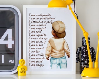 Boy Positive Affirmations Print, African American Boy Wall Art Printable, Children Empowerment, Black Boy Joy, Black Little Boy Wall Art