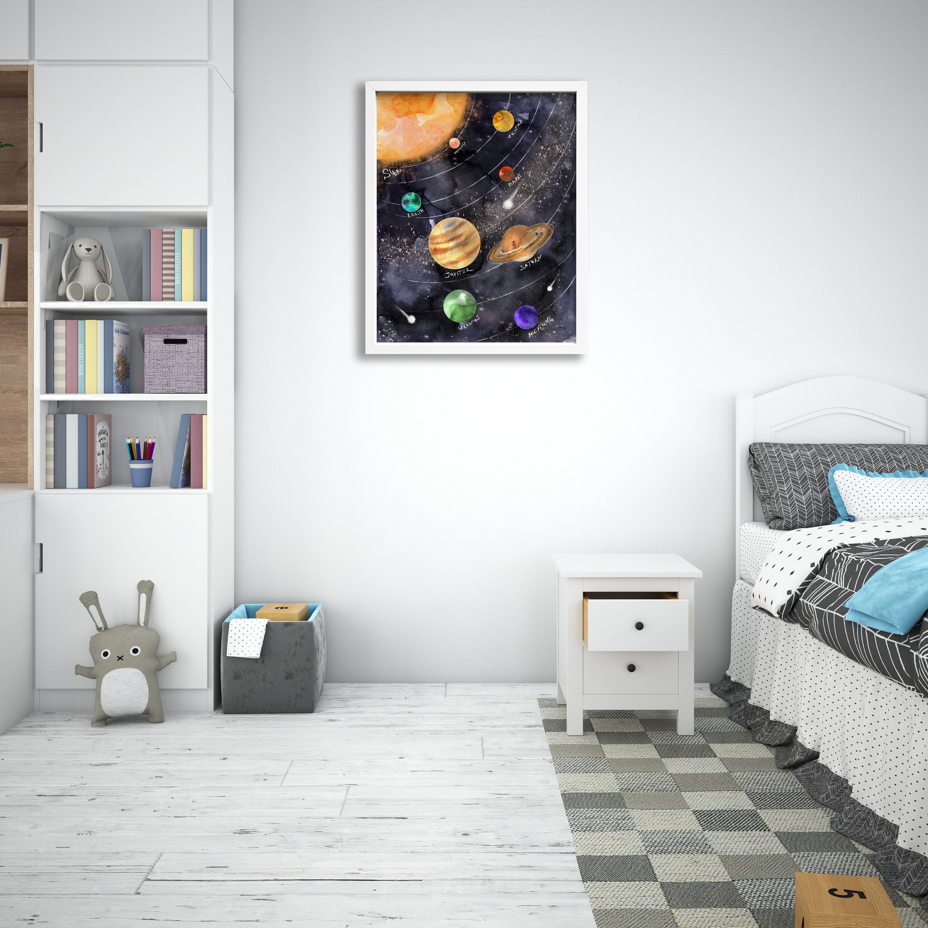 Solar System Children Bedroom Print Watercolor Outer Space | Etsy