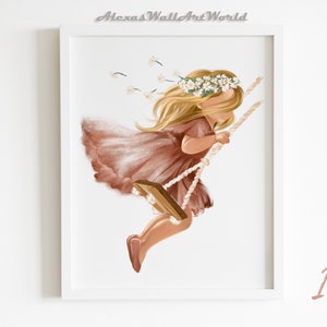 Riding Swing Girl Wall Art, Flower Crown Toddler Girl Print, Toddler Girl Bedroom Decor, Earth Tone Room Print, Young Queen Art Printable