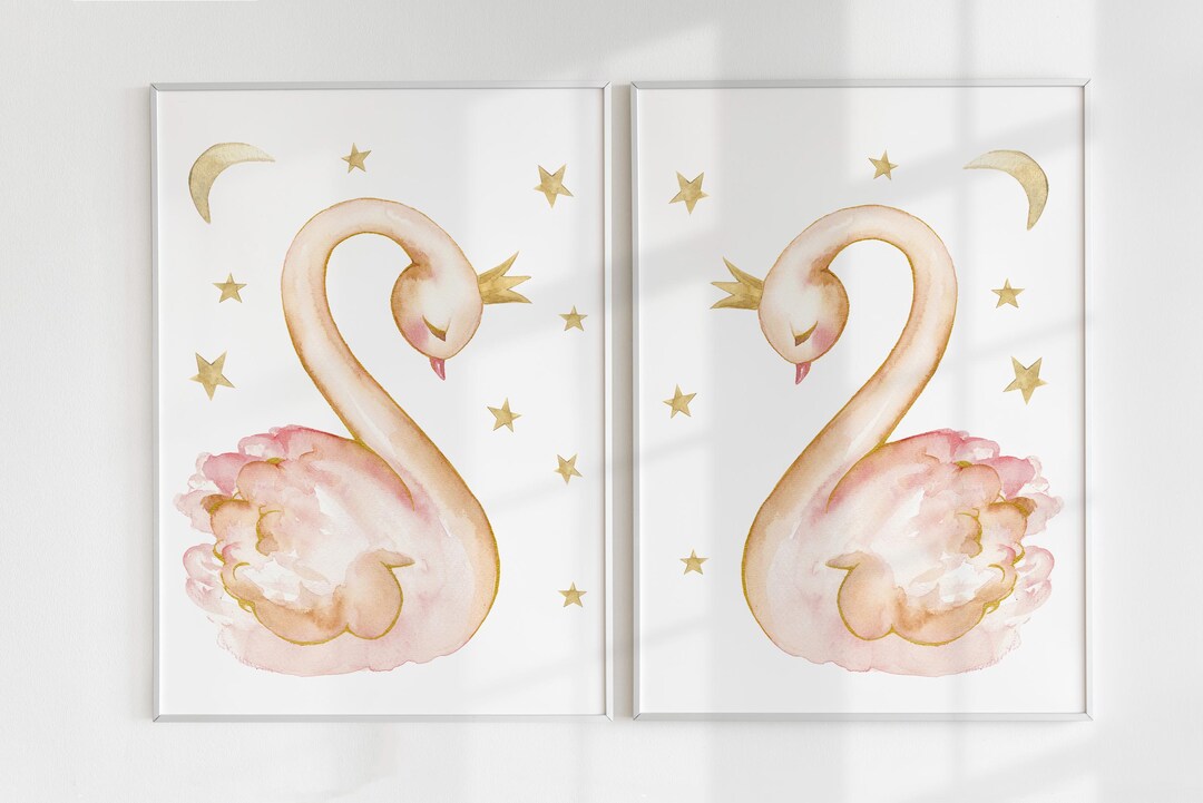 2 Pink Swan Princess Nursery Decor, Gold Moon and Stars Watercolor Art ...