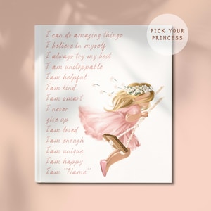 Quadro su tela "Ragazza su altalena di fiori", con affermazioni positive personalizzate per bambine, decorazione per cameretta con acquerello, poster motivazionale