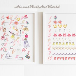 Cartel del alfabeto, alfabeto femenino y números impresiones, conjunto de 2 impresiones, cartel del alfabeto rosa, arte de pared para las niñas, decoración de la pared de la habitación de la niña ABC