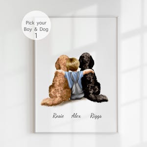Decorazione per cameretta del cane Goldendoodle, con due maschietti e due maschietti, dipinto di Goldendoodle nero, biondo, marrone e oro, regalo per amanti dei cani, stampa personalizzata con nome.