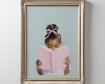 Biracial meisje lezen Art Print, Afro-Amerikaans kind, girly pastel kamer decor (digitale download)