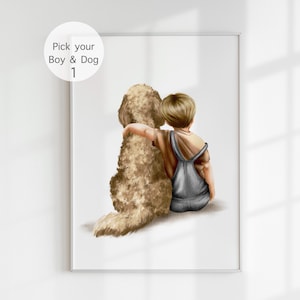 Jongen en hond kunst aan de muur kwekerij, goldendoodle kwekerij print, peuter decor jongen, puppy kwekerij print, gepersonaliseerde naam, digitale download