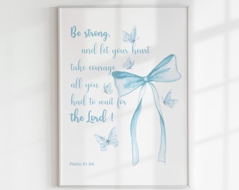 Blauwe strik bijbeltekstafdruk, schriftposter: christelijk decor slaapzaal (digitaal)