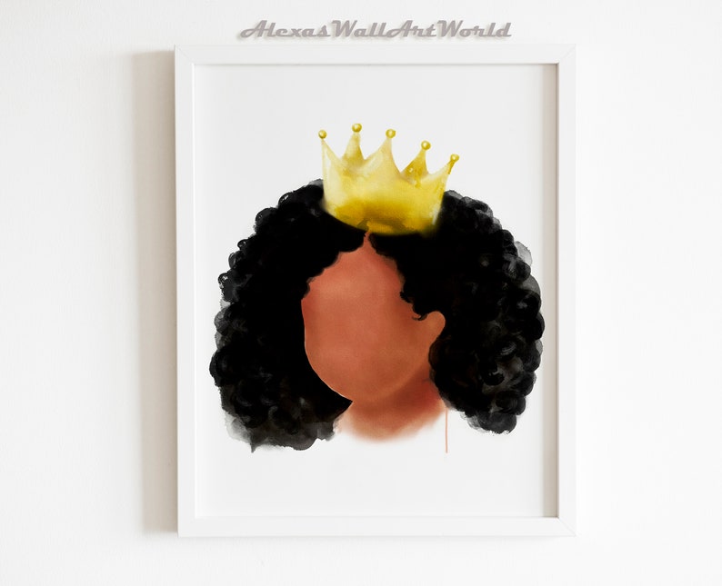 May include: A framed art print featuring a watercolor illustration of a person with dark, curly hair and a gold crown. The person's face is a warm brown color, and the artwork is set against a white background. The text "Alexas WallArtWorld" is at the top.